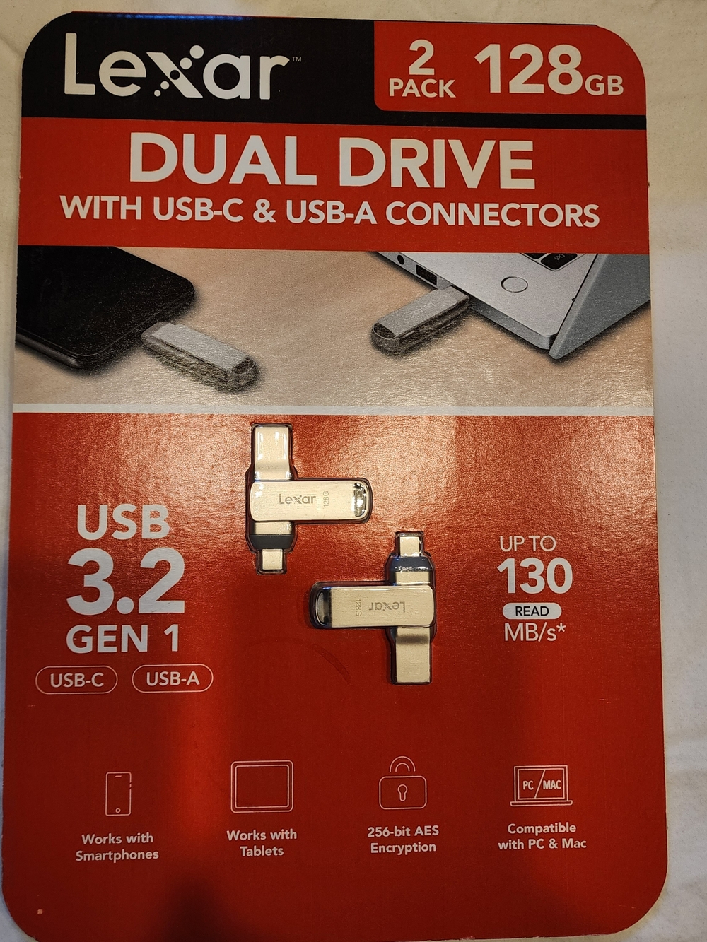Dual Drive USB-C & USB-A 128GB (Silver) - 2 Pack